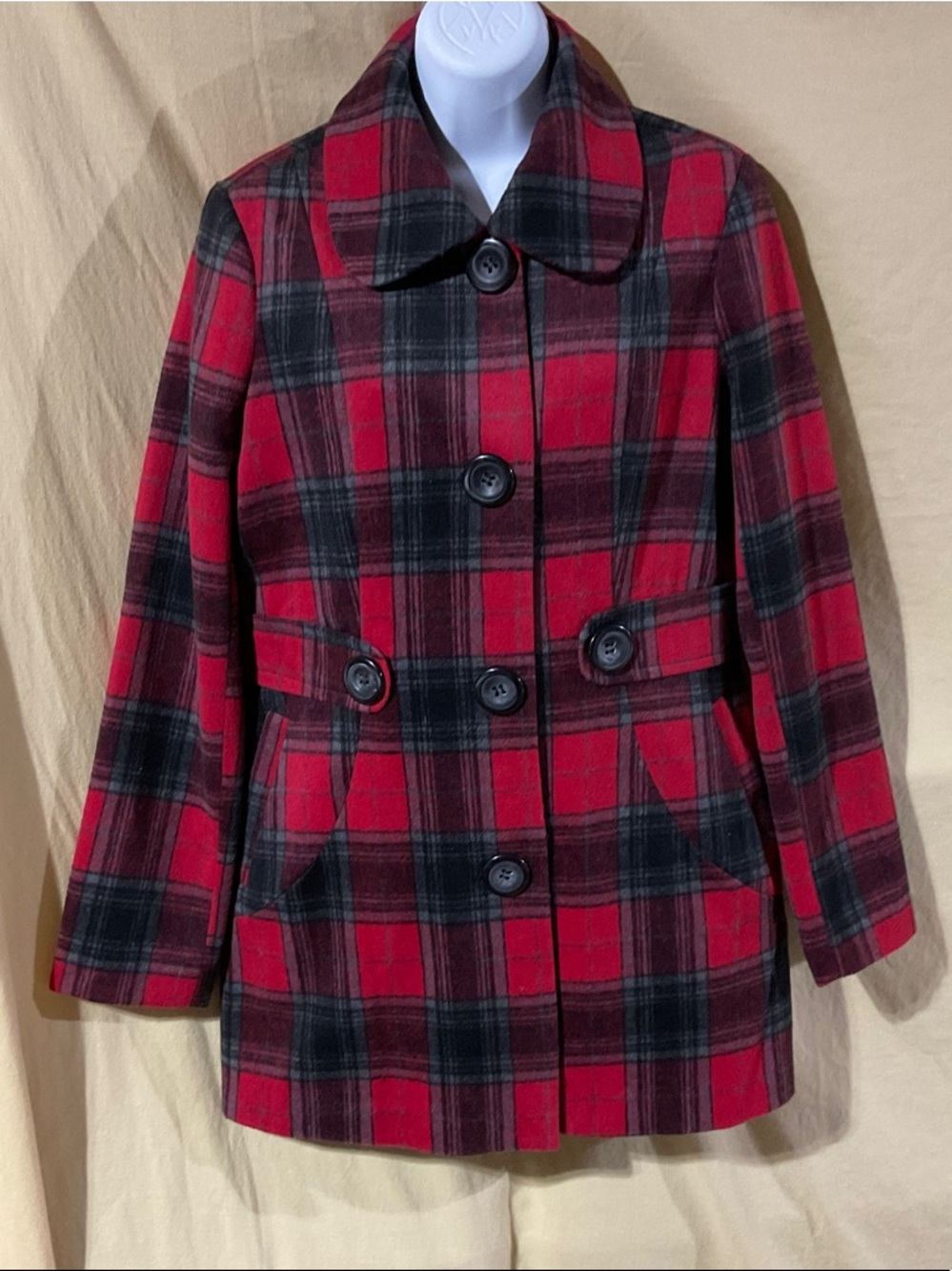 Jou Jou Size L Red and Black Plaid Pea Coat